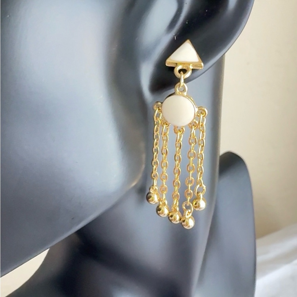 Gold Tone Fringe Drop Earrings White Geometric Dangle Statement Earrings